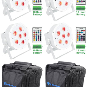 (4) Rockville BATTERY PAR 61 White Rechargeable RGBWA+UV DMX Lights+Remotes+Bags