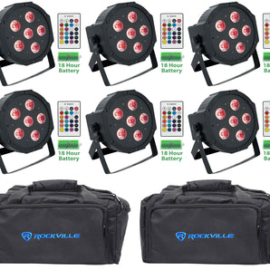 6 Rockville BATTERY PAR 61 Rechargeable RGBWA+UV DMX DJ Wash Lights+Remotes+Bags