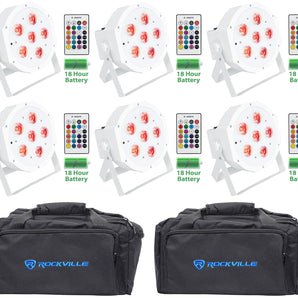 (6) Rockville BATTERY PAR 61 White Rechargeable RGBWA+UV DMX Lights+Remotes+Bags