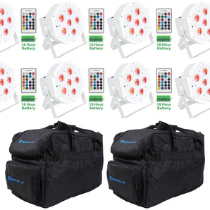 (8) Rockville BATTERY PAR 61 White Rechargeable RGBWA+UV DMX Lights+Remotes+Bags