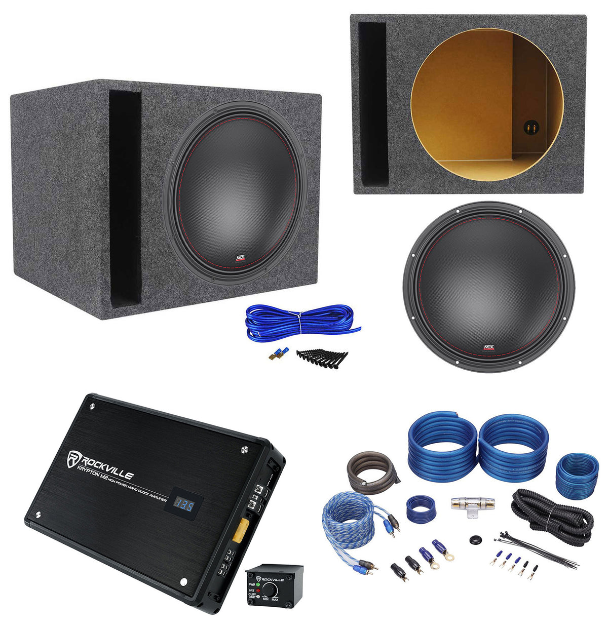 MTX 7515-22 15" 750w RMS Subwoofer+Vented Sub Box Enclosure+Mono Amplifier+Wires