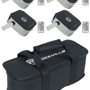 (4) Rockville MINI RF1 RGBWA+UV DJ/Party LED Wash Lights (Steel)+RF Remotes+Bag