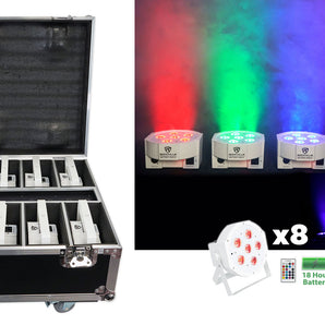 Rockville BATTERY PAR PACK 61 White (8) Rechargeable Wash Lights+Charging Case