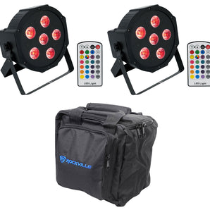 (2) Rockville BATTERY PAR 6RF Rechargeable Wireless DMX Lights+RF Remotes+Bag