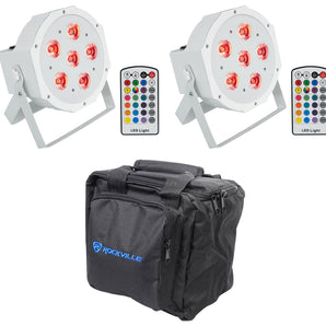 (2) Rockville BATTERY PAR 6RF White Rechargeable Wireless DMX Lights+Remotes+Bag