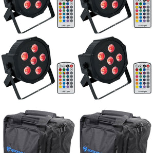 (4) Rockville BATTERY PAR 6RF Rechargeable Wireless DMX Lights+RF Remotes+Bags