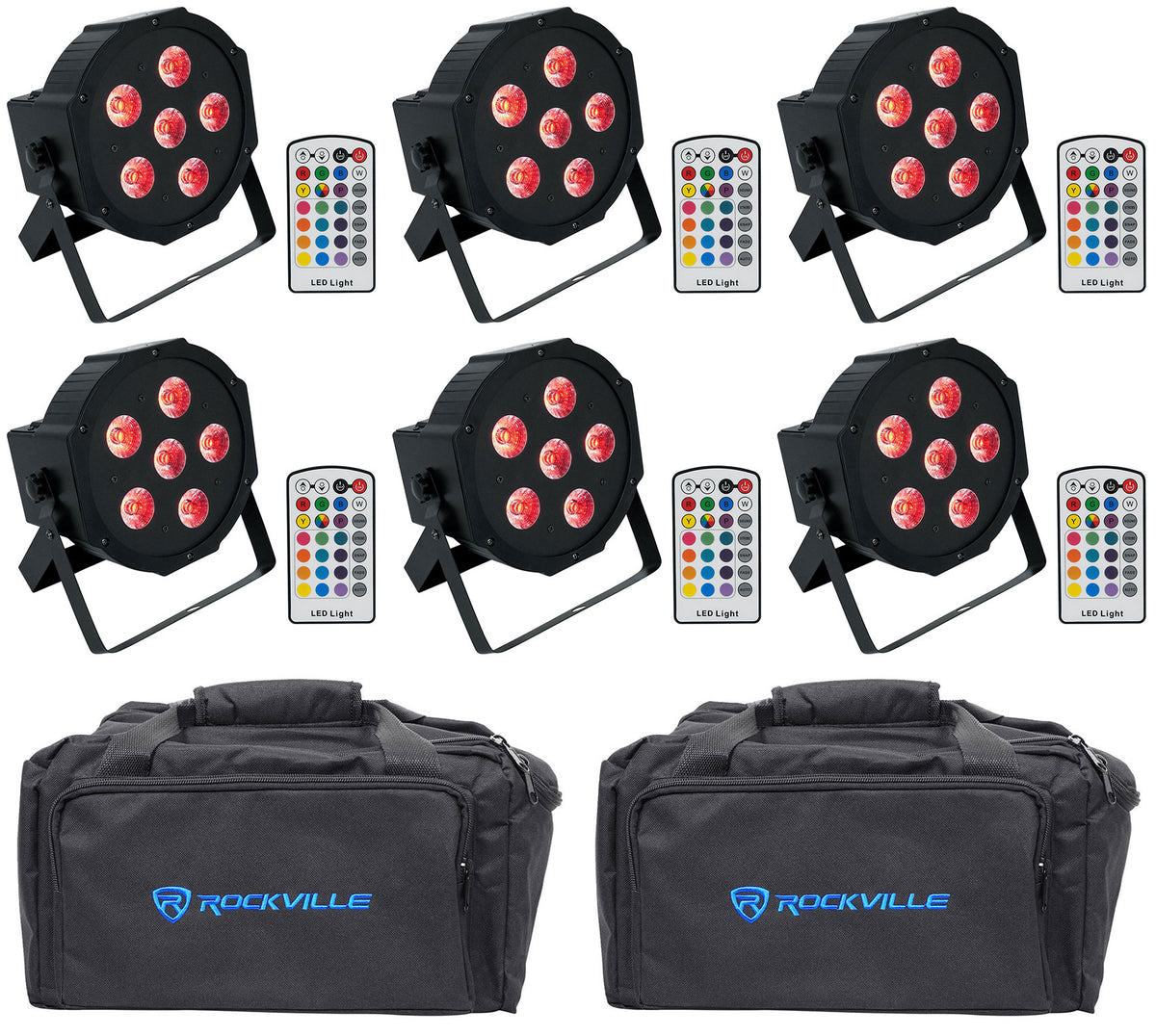 Rockville BATTERY PAR 6RF Rechargeable Wireless DMX Lights+RF Remotes+Bags