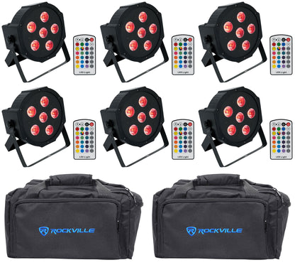 Rockville BATTERY PAR 6RF Rechargeable Wireless DMX Lights+RF Remotes+Bags