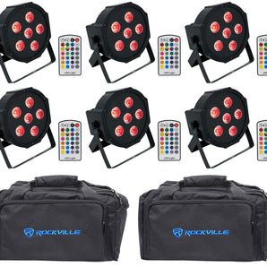 (6) Rockville BATTERY PAR 6RF Rechargeable Wireless DMX Lights+RF Remotes+Bags