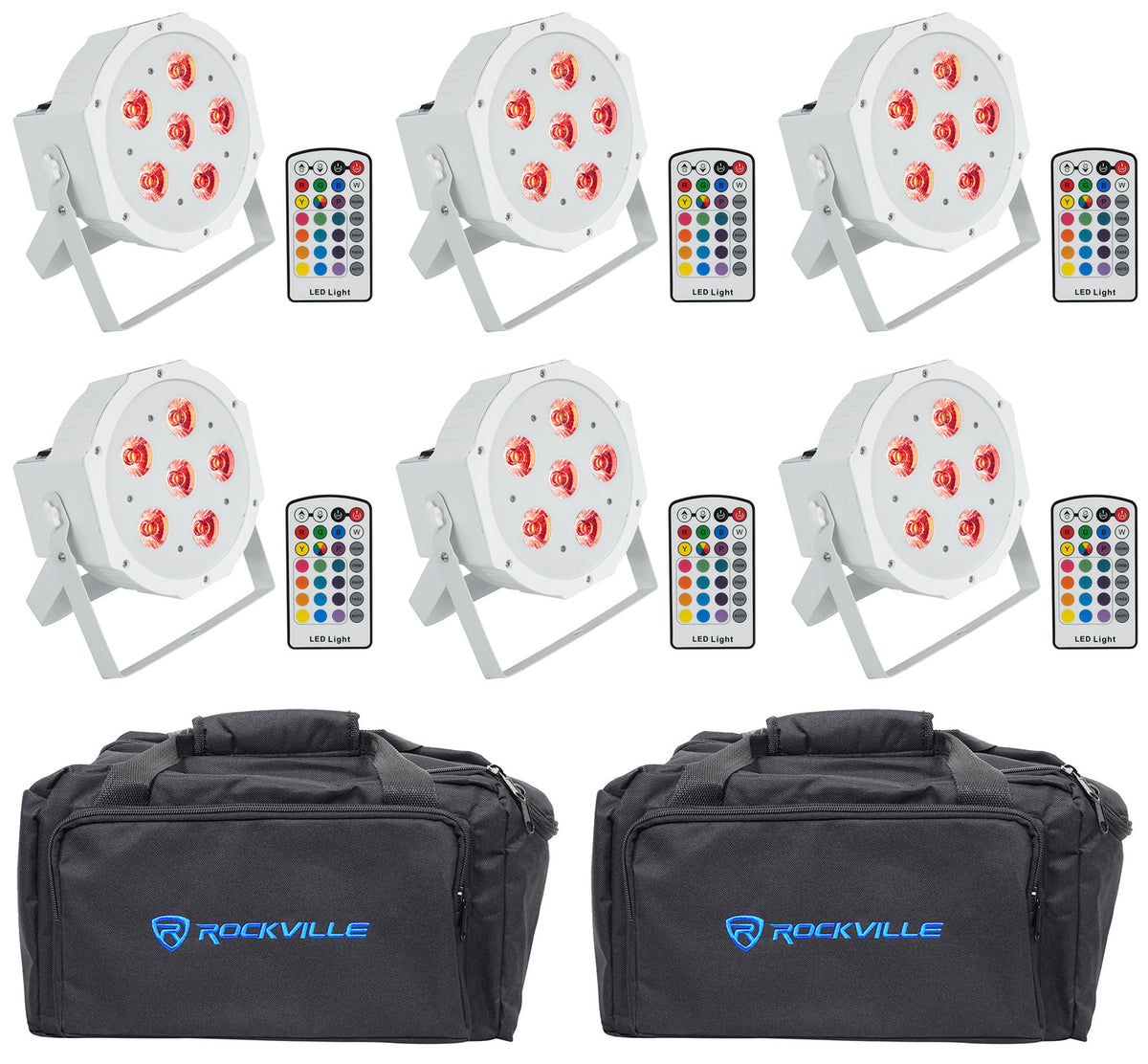 Rockville BATTERY PAR 6RF White Rechargeable Wireless DMX Lights+Remotes+Bags