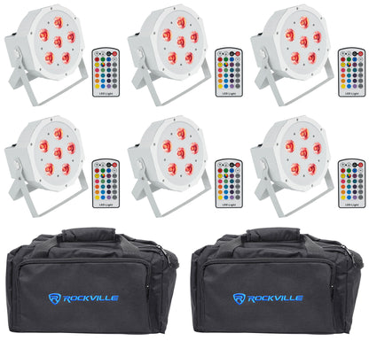Rockville BATTERY PAR 6RF White Rechargeable Wireless DMX Lights+Remotes+Bags