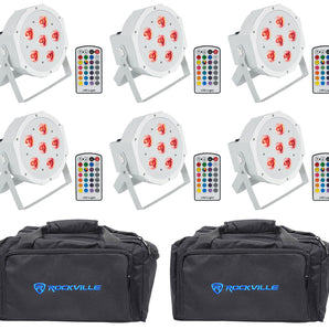 6) Rockville BATTERY PAR 6RF White Rechargeable Wireless DMX Lights+Remotes+Bags
