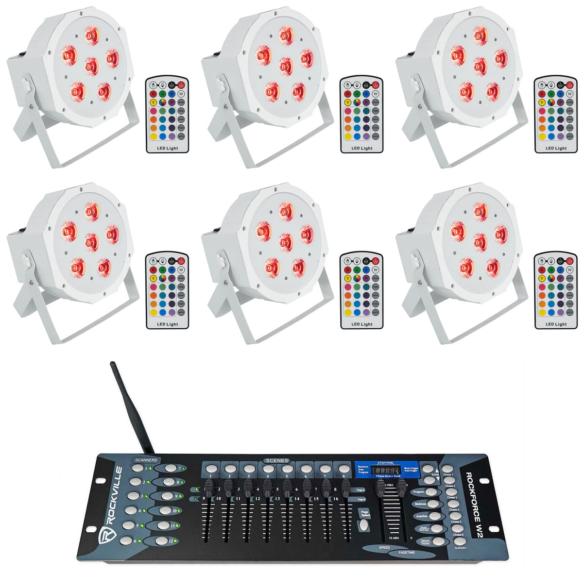 Rockville BATTERY PAR 6RF White Rechargeable Lights+Wireless DMX Controller