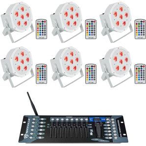 (6) Rockville BATTERY PAR 6RF White Rechargeable Lights+Wireless DMX Controller