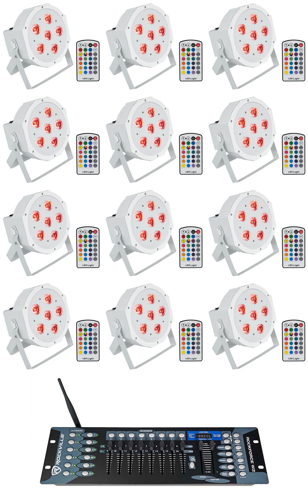 (12) BATTERY PAR 6RF White Rechargeable Lights+Wireless DMX Controller