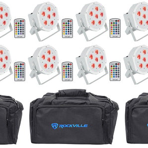 12 Rockville BATTERY PAR 6RF White Rechargeable Wireless DMX Lights+Remotes+Bags