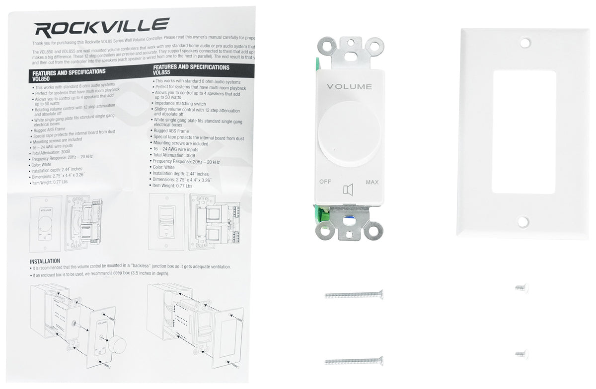 Rockville VOL850 8 Ohm 50w x2  Wall Stereo Volume Controller 12 Step Rotary Knob