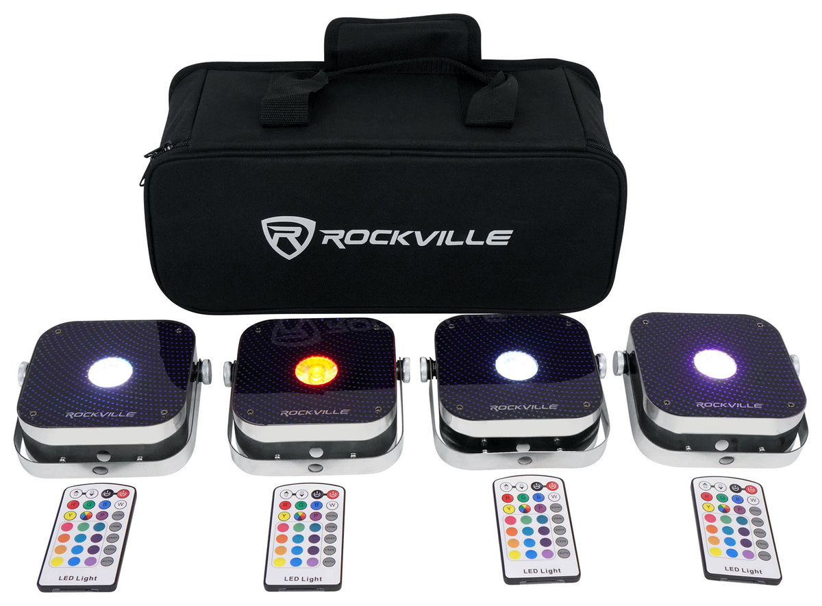 Rockville 4 PACK MINI RF1 RGBWA+UV DJ/Party Wash Lights+Bag+RF Long Range Remote