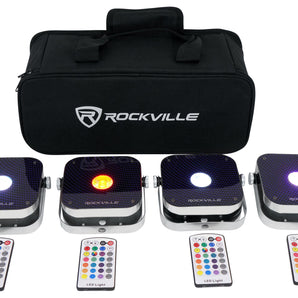 Rockville 4 PACK MINI RF1 RGBWA+UV DJ/Party Wash Lights+Bag+RF Long Range Remote