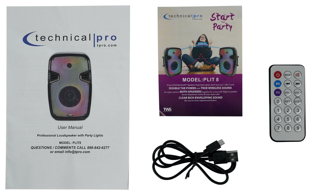 Technical Pro PLIT8 Rechargeable Portable 8" Bluetooth Party Speaker with LED