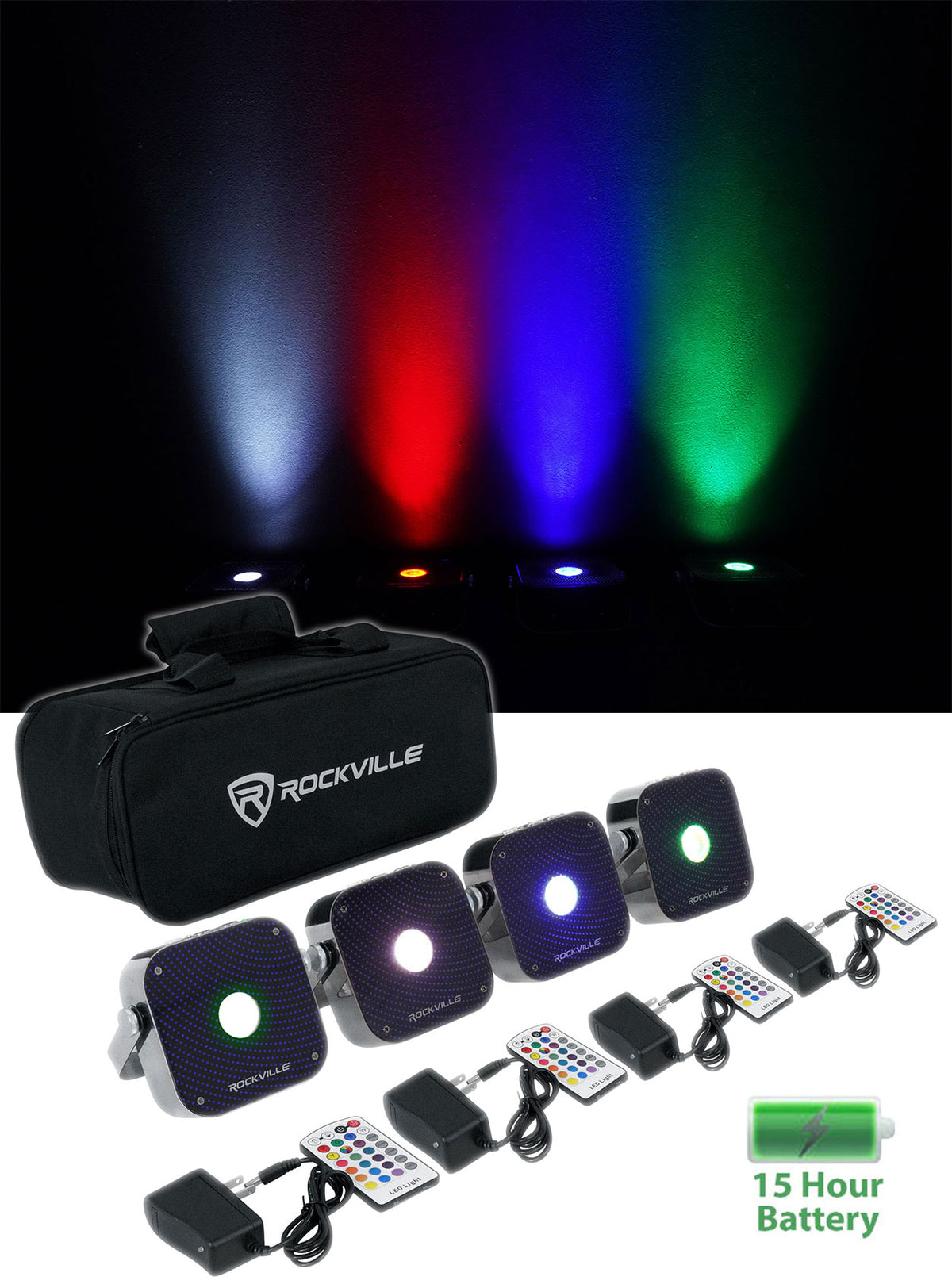Rockville 4 PACK MINI RF1 RGBWA+UV DJ/Party Wash Lights+Bag+RF Long Range Remote