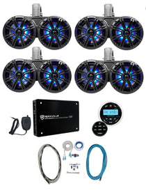 (4) 45KMTDC65 Dual 6.5" Marine Tower LED Speakers+Receiver+Amp