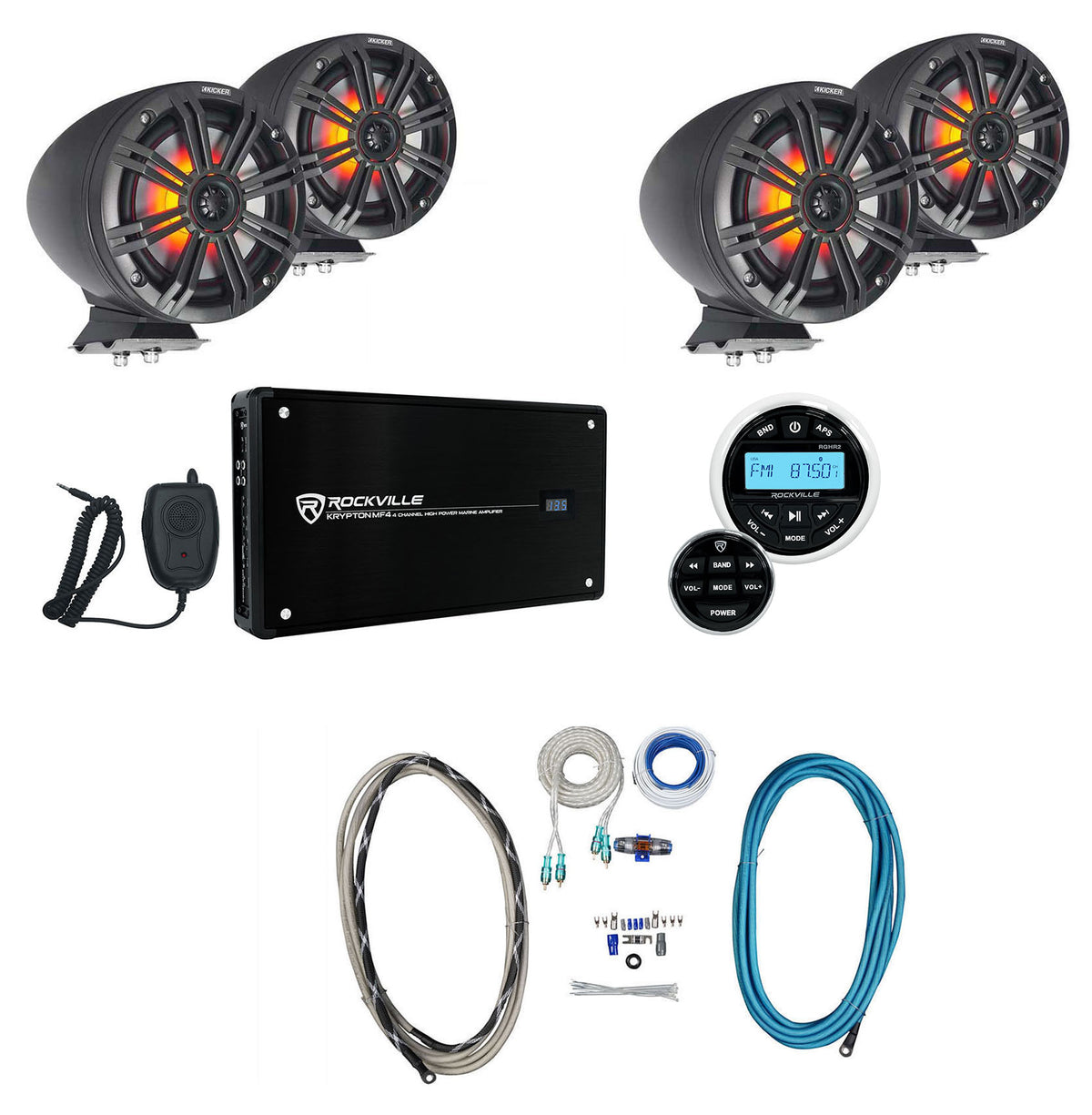 KMFC65 6.5" 195W Black Marine LED Speakers Plus Receiver And Amp