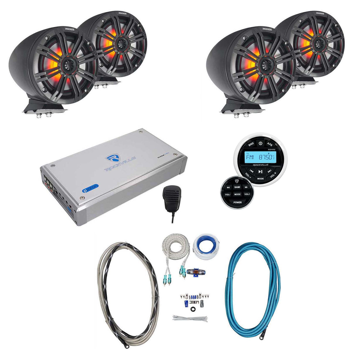 KMFC8 8" 300W Black Marine LED Speakers Plus Receiver And Amp