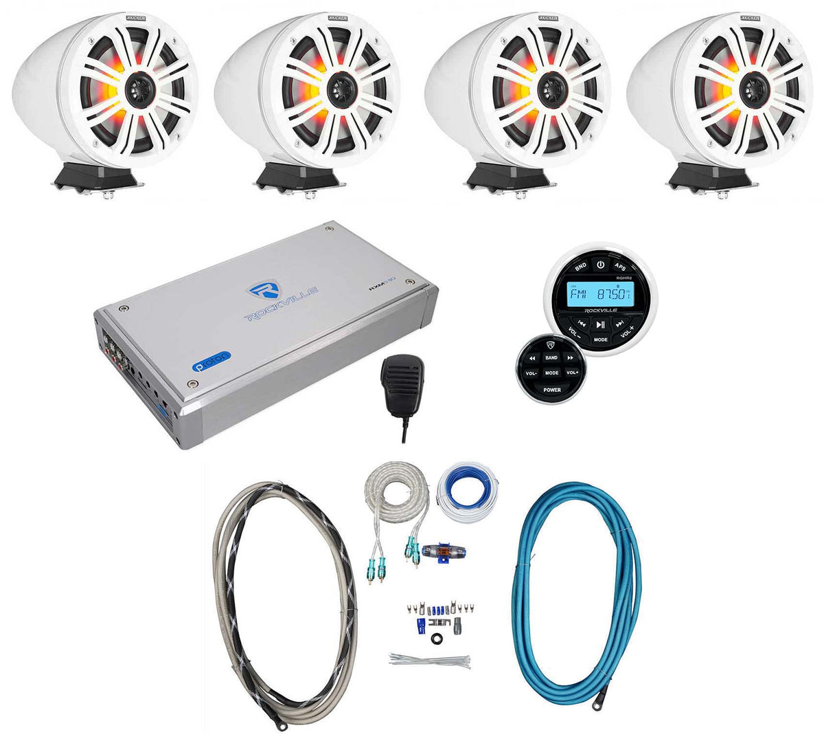 KMFC8W 8" 300W White Marine LED Speakers Plus Receiver And Amp