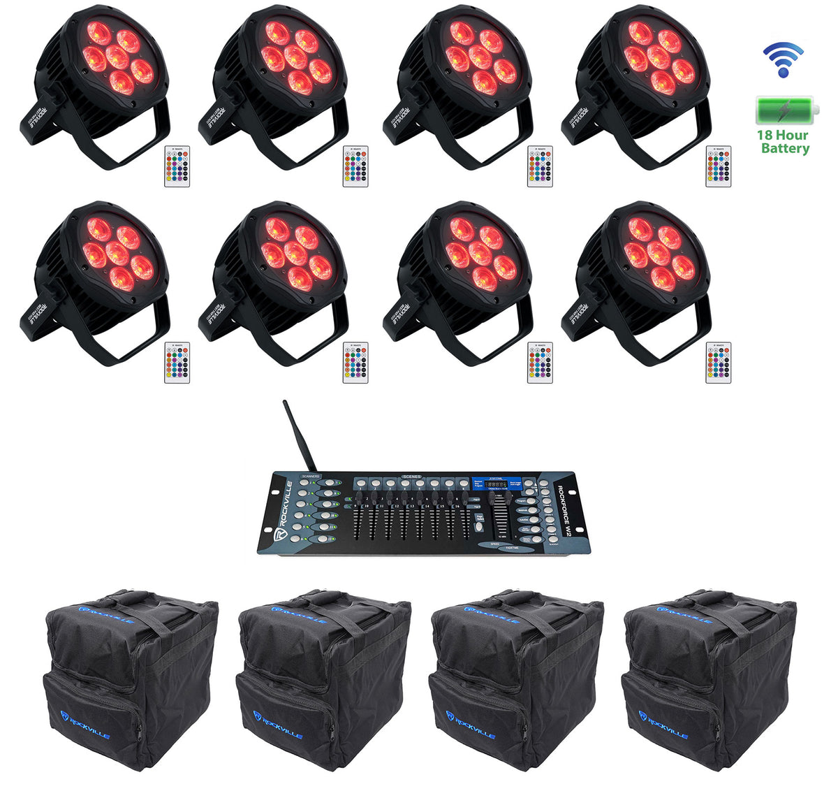 (8) BEST PAR H2O Water Resistant Lights+Bags+Wireless DMX Controller