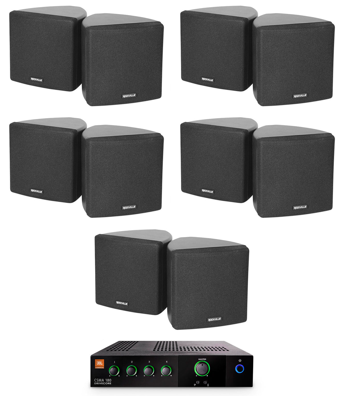JBL CSMA 180 Commercial 70v Amplifier+(10) Cube Speakers For Restaurant/Bar/Cafe