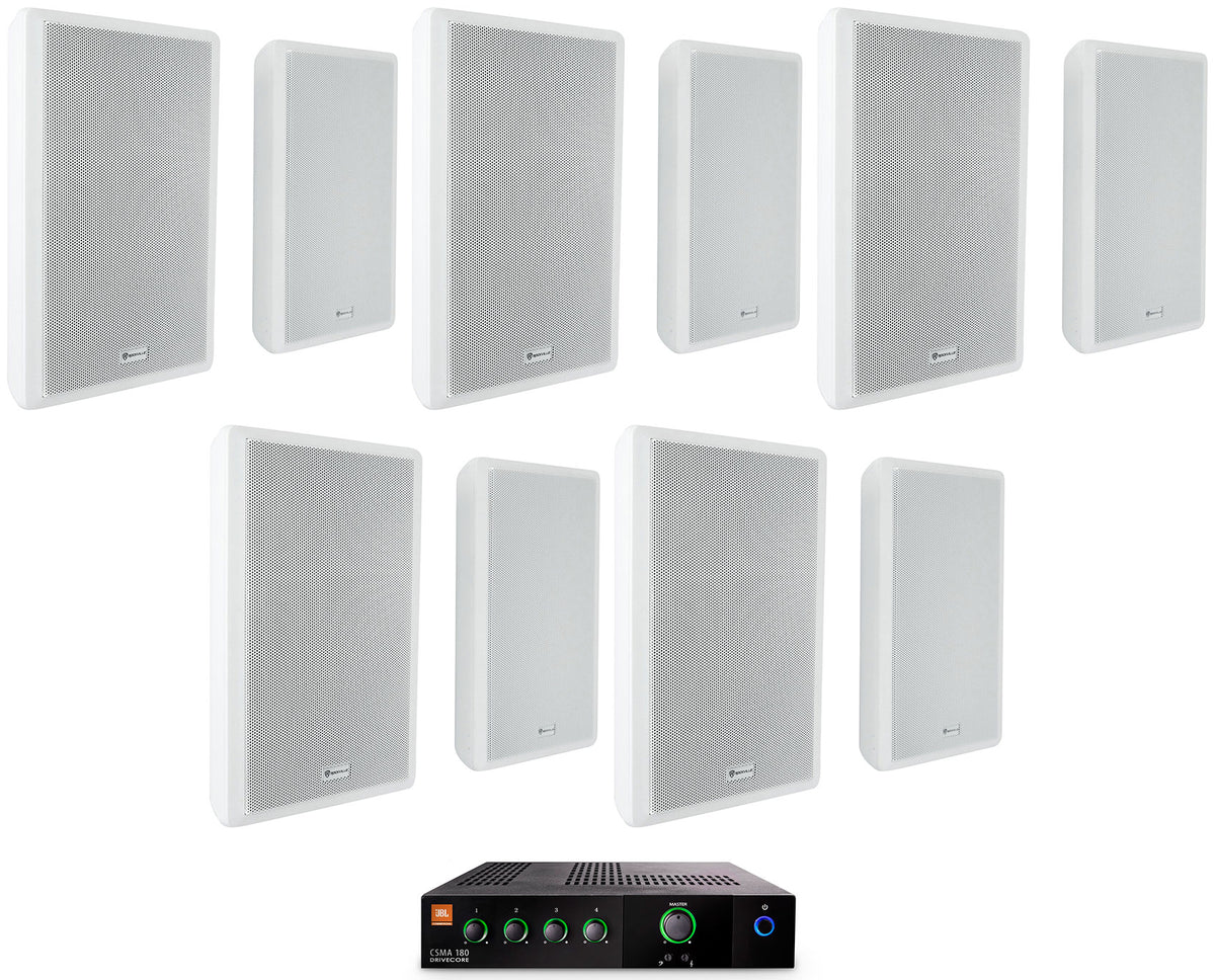 JBL CSMA 180 Commercial 70v Amplifier+(10) White 5.25" Slim Wall Mount Speakers