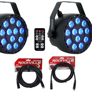 2 Rockville RockPAR TRI LED RGB Par Cans DJ Black DMX Wash Lights+Remotes+Cables