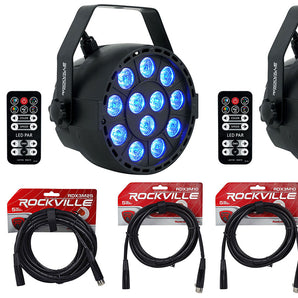 3 Rockville RockPAR TRI LED RGB Par Cans DJ Black DMX Wash Lights+Remotes+Cables