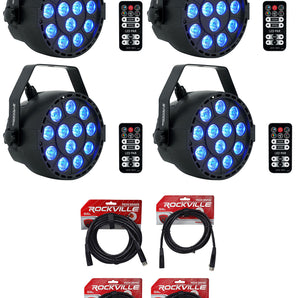 4 Rockville RockPAR TRI LED RGB Par Cans DJ Black DMX Wash Lights+Remotes+Cables
