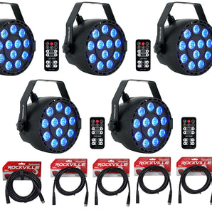 5 Rockville RockPAR TRI LED RGB Par Cans DJ Black DMX Wash Lights+Remotes+Cables
