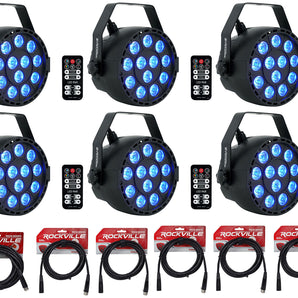 6 Rockville RockPAR TRI LED RGB Par Cans DJ Black DMX Wash Lights+Remotes+Cables