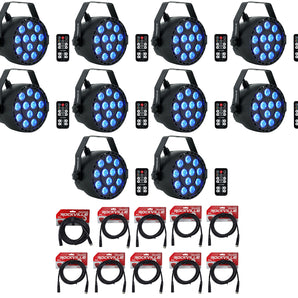 (10) Rockville RockPAR TRI LED RGB DJ Black DMX Par Wash Lights+Remotes+Cables