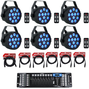 (6) Rockville RockPAR TRI LED RGB Black Wash Par DJ Lights+Cables+DMX Controller