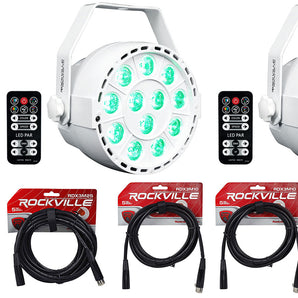 3 Rockville RockPAR TRI LED RGB Par Cans DJ White DMX Wash Lights+Remotes+Cables