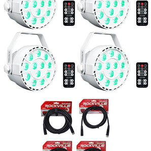 4 Rockville RockPAR TRI LED RGB Par Cans DJ White DMX Wash Lights+Remotes+Cables