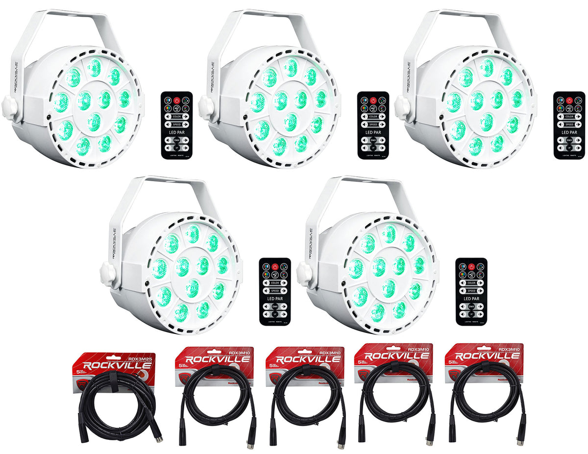 5 RockPAR TRI LED RGB Par Cans DJ White DMX Wash Lights+Remotes+Cables