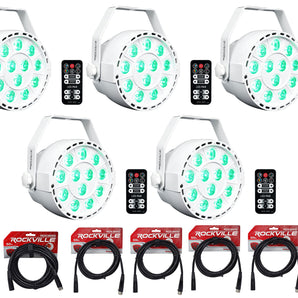 5 Rockville RockPAR TRI LED RGB Par Cans DJ White DMX Wash Lights+Remotes+Cables