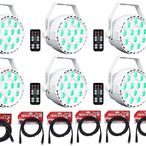 6 Rockville RockPAR TRI LED RGB Par Cans DJ White DMX Wash Lights+Remotes+Cables