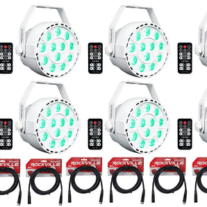8 Rockville RockPAR TRI LED RGB Par Cans DJ White DMX Wash Lights+Remotes+Cables