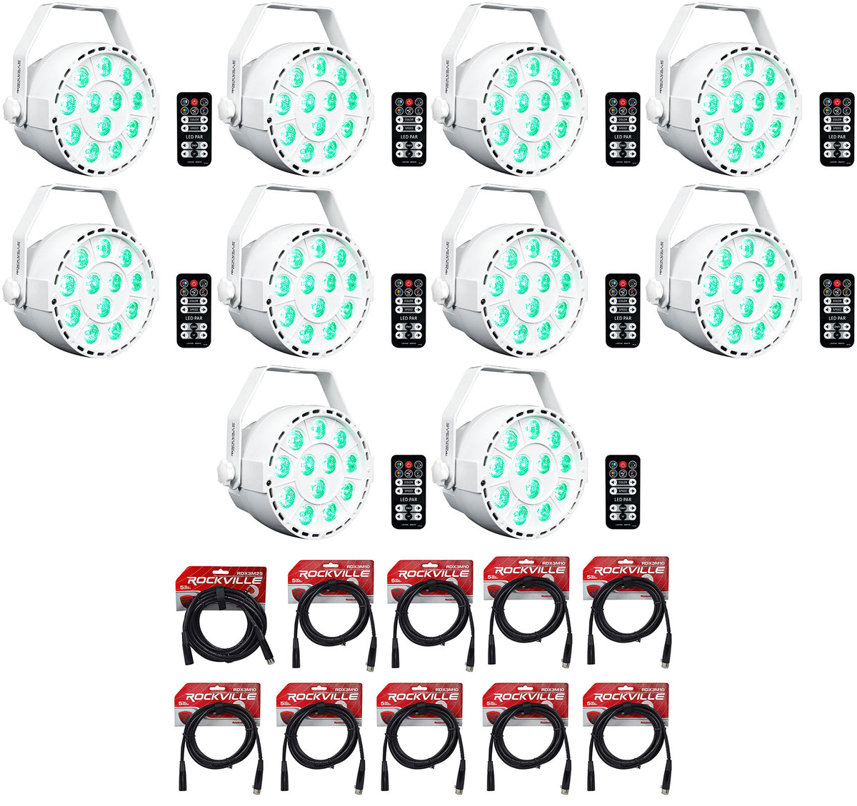 (10) RockPAR TRI LED RGB DJ White DMX Par Wash Lights+Remotes+Cables