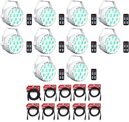 (10) RockPAR TRI LED RGB DJ White DMX Par Wash Lights+Remotes+Cables