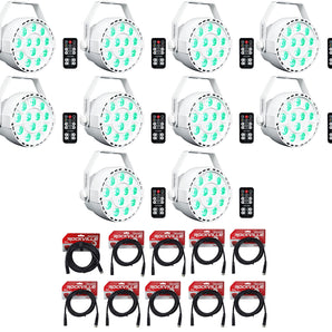 (10) Rockville RockPAR TRI LED RGB DJ White DMX Par Wash Lights+Remotes+Cables