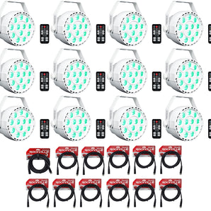 (12) Rockville RockPAR TRI LED RGB White DMX Par Wash DJ Lights+Remotes+Cables