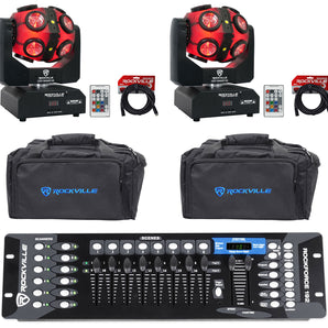 (2) Rockville Party Spinner LED Moving Head DJ Lights+DMX Controller+Bags+Cables